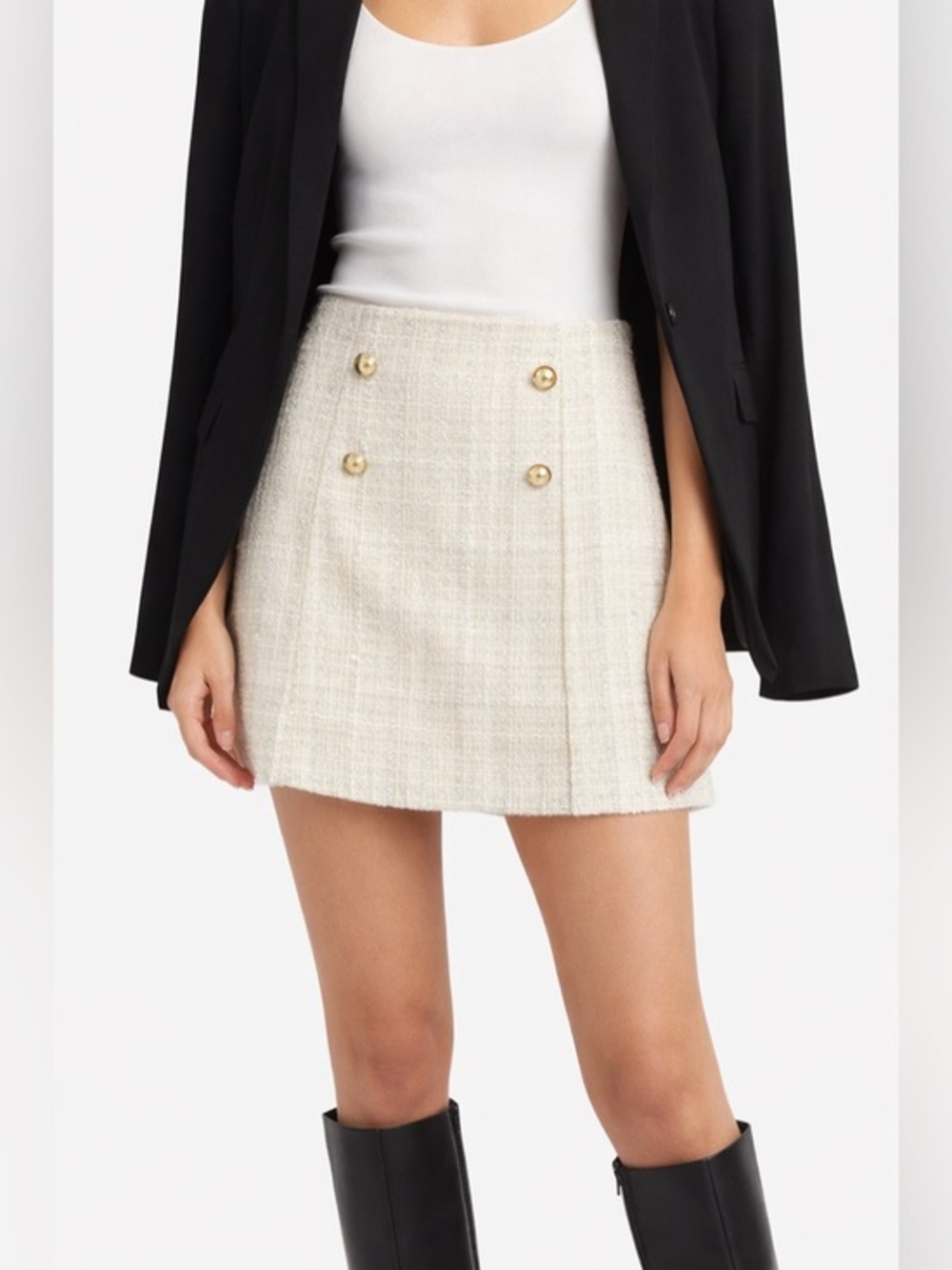 Zara Textured Tweed Mini Skirt Cream Gold Button Detail Size M